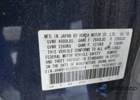 2005 Acura Rl 3.5 from USA, damaged, VIN JH4KB16525C021514